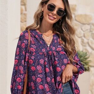 Skies are Blue Floral Boho Blouse